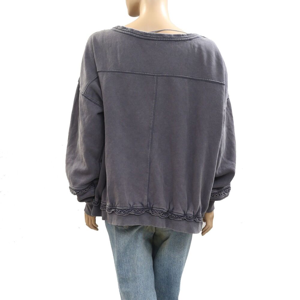 Free People Golden Hour Sweatshirt Top Eyelet Embroidered Oversized L New 284124 - Picture 6 of 7